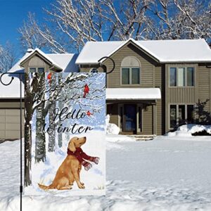 Hello Winter Dog Garden Flag 12x18 Double Sided, Burlap Farmhouse Small Golden Cardinal Retriever Garden Yard Flags for Winter Seasonal Outside Outdoor House Holiday Decor (ONLY FLAG)