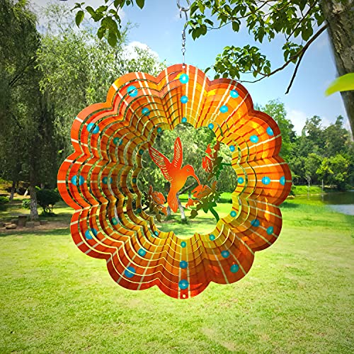 LJlifArt Wind Spinner Hummingbird 12 inches 3D Stainless Steel Mandala Decor Laser Cut Metal Art Geometric Pattern Hanging Wind Spinner Kinetic Yard Art Decorations Indoor/Outdoor Decor