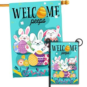 q-leo easter flag, set 2 house flag 28 x 40 and garden flag 12 x 18 double side, small garden flags decorations for outside, yard outdoor decor with 3 bunny and welcome signs