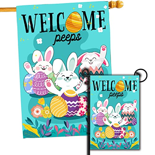 Q-Leo Easter Flag, Set 2 House Flag 28 X 40 And Garden Flag 12 x 18 Double Side, Small Garden Flags Decorations For Outside, Yard Outdoor Decor With 3 Bunny and Welcome Signs