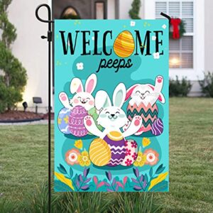 Q-Leo Easter Flag, Set 2 House Flag 28 X 40 And Garden Flag 12 x 18 Double Side, Small Garden Flags Decorations For Outside, Yard Outdoor Decor With 3 Bunny and Welcome Signs