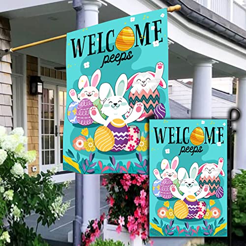 Q-Leo Easter Flag, Set 2 House Flag 28 X 40 And Garden Flag 12 x 18 Double Side, Small Garden Flags Decorations For Outside, Yard Outdoor Decor With 3 Bunny and Welcome Signs