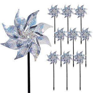 hausse 10 pack reflective pinwheels with stakes, extra sparkly pinwheel for garden decor, bird devices deterrent to scare birds away from yard patio farm