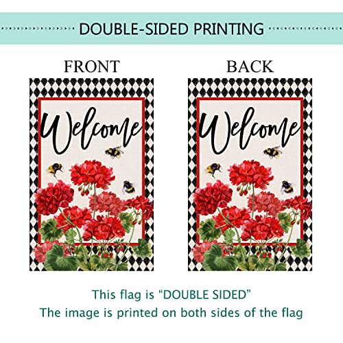 Baccessor Spring Summer Geranium Welcome Garden Flag Double Sided Summer Bee Red Floral Buffalo Plaid Small Burlap Yard Flag House Seasonal Farmhouse Outside Outdoor Decoration 12.5 x 18 Inch