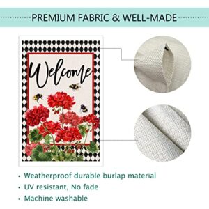 Baccessor Spring Summer Geranium Welcome Garden Flag Double Sided Summer Bee Red Floral Buffalo Plaid Small Burlap Yard Flag House Seasonal Farmhouse Outside Outdoor Decoration 12.5 x 18 Inch