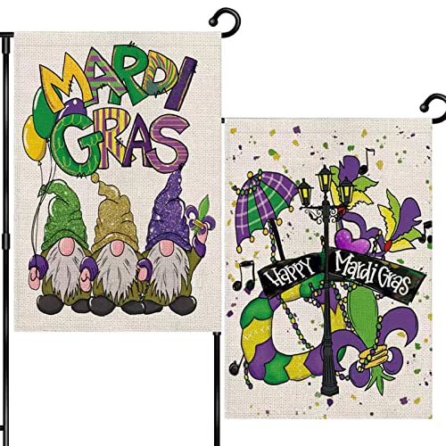 Happy Mardi Gras Garden Flag, 12x18 inch Set of 2 Double Sided Masquerade Beads Yard Flag, Mardi Gras Gnomes Yard Flag for Farmhouse Holiday Carnival Celebration Outside Decor