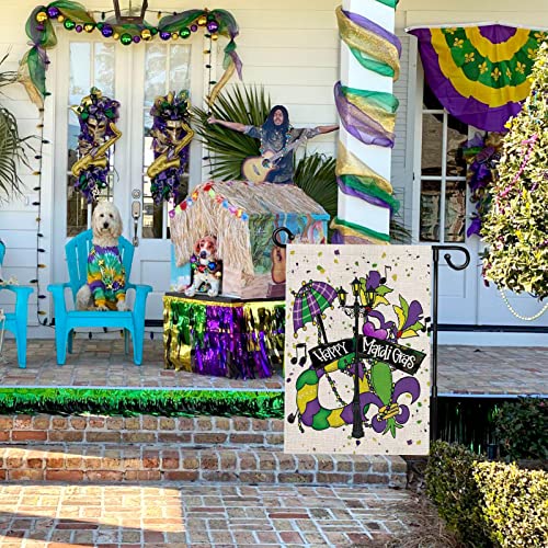 Happy Mardi Gras Garden Flag, 12x18 inch Set of 2 Double Sided Masquerade Beads Yard Flag, Mardi Gras Gnomes Yard Flag for Farmhouse Holiday Carnival Celebration Outside Decor