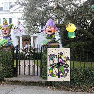 Happy Mardi Gras Garden Flag, 12x18 inch Set of 2 Double Sided Masquerade Beads Yard Flag, Mardi Gras Gnomes Yard Flag for Farmhouse Holiday Carnival Celebration Outside Decor