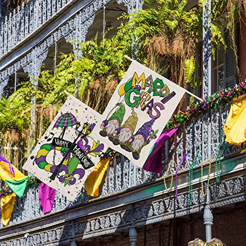 Happy Mardi Gras Garden Flag, 12x18 inch Set of 2 Double Sided Masquerade Beads Yard Flag, Mardi Gras Gnomes Yard Flag for Farmhouse Holiday Carnival Celebration Outside Decor