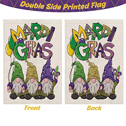 Happy Mardi Gras Garden Flag, 12x18 inch Set of 2 Double Sided Masquerade Beads Yard Flag, Mardi Gras Gnomes Yard Flag for Farmhouse Holiday Carnival Celebration Outside Decor