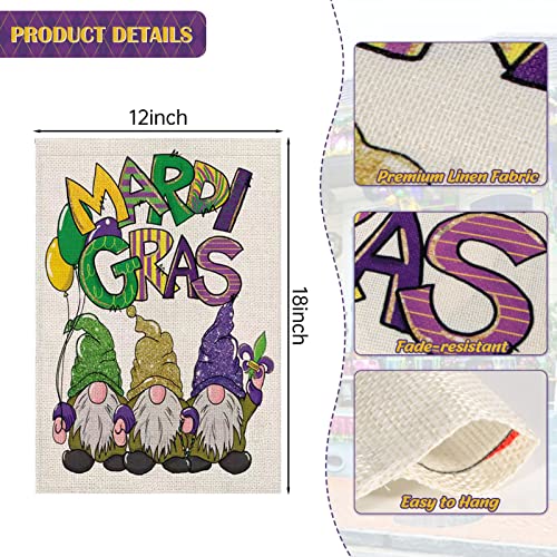 Happy Mardi Gras Garden Flag, 12x18 inch Set of 2 Double Sided Masquerade Beads Yard Flag, Mardi Gras Gnomes Yard Flag for Farmhouse Holiday Carnival Celebration Outside Decor