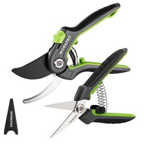 workpro garden pruning shears 2 pack, 8″ bypass pruning shears and 6.25″ straight garden scissors, premium plant shears, garden clippers hand tools for cutting flowers, trimming plants, picking fruits