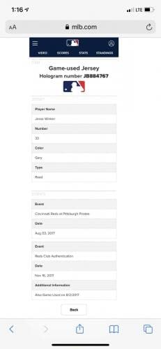 Jesse Winker Cincinnati Reds Game Used Worn Jersey - “2nd Career HR” 2017 - MLB Game Used Jerseys
