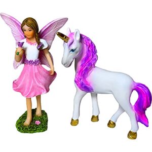Mood Lab Fairy Garden - Fairy with Unicorn Set of 2 pcs - Miniature Figurines Statue Kit - Outdoor or House Decor