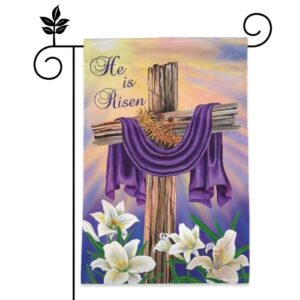 easter cross he is risen garden flag polyester double sided vertical decorative small banner 12 x 18 inch for home house farmhouse yard lawn outdoor vivid color to bright up your 12 months