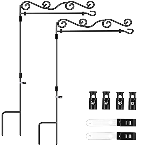 Garden Flag Stand Floral Style, BONWIN Garden Yard Flag Pole Holder Stands, Powder Coated Weather-Proof Paint Metal Flagpole with Spring Stoppers & Anti-Wind Clip for Garden - 36.34"H x 16.02"W, 2 Pack