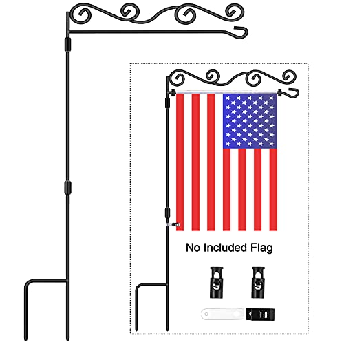 Garden Flag Stand Floral Style, BONWIN Garden Yard Flag Pole Holder Stands, Powder Coated Weather-Proof Paint Metal Flagpole with Spring Stoppers & Anti-Wind Clip for Garden - 36.34"H x 16.02"W, 2 Pack