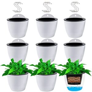 Jucoan 9 Pack Self Watering Hanging Planter, 5 Inch Dua-pots Lazy Flower Pot, White Plastic Wall Hanging Planter Pot with 9 Hooks for Garden Fence, Porch, Wall