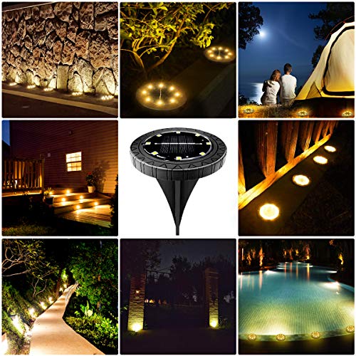 Solar Powered Ground Lights 8 Pack,IP68 Waterproof Outdoor LED Disk Lights for Garden,Non-Slip Landscape Path Lighting for Patio Lawn Yard,Pathway Wear-Resistant Deck Lights Walkway Decor(Warm White)
