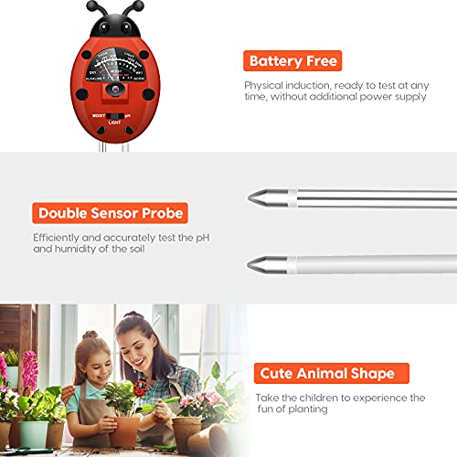 UNIWA Soil pH Meter, 3-in-1 Soil Tester Kit with Plant Moisture, Light and pH Tester, Soil pH Meter for Garden, Farm, Lawn, Indoor and Outdoor (No Battery Needed), Colorful Ladybug Shape