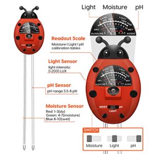 UNIWA Soil pH Meter, 3-in-1 Soil Tester Kit with Plant Moisture, Light and pH Tester, Soil pH Meter for Garden, Farm, Lawn, Indoor and Outdoor (No Battery Needed), Colorful Ladybug Shape