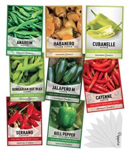 pepper seeds for planting 8 varieties pack, jalapeno, habanero, bell pepper, cayenne, hungarian hot wax, anaheim, serrano, cubanelle heirloom seeds for planting in garden non gmo gardeners basics