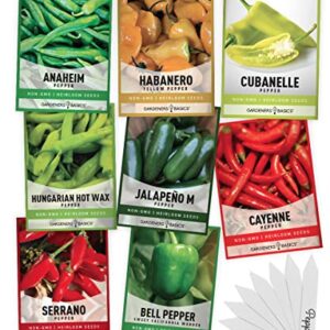 Pepper Seeds for Planting 8 Varieties Pack, Jalapeno, Habanero, Bell Pepper, Cayenne, Hungarian Hot Wax, Anaheim, Serrano, Cubanelle Heirloom Seeds for Planting in Garden Non GMO Gardeners Basics