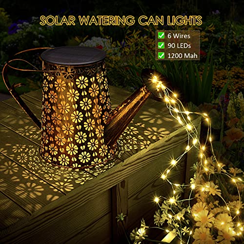 PoCare Watering Can Lights Solar Powered, 90 LEDs Retro Metal Kettle Lights Garden Decor Hanging Waterproof Solar Lights for Outdoor Pathway Yard Lawn Patio Party Decorations with Hook