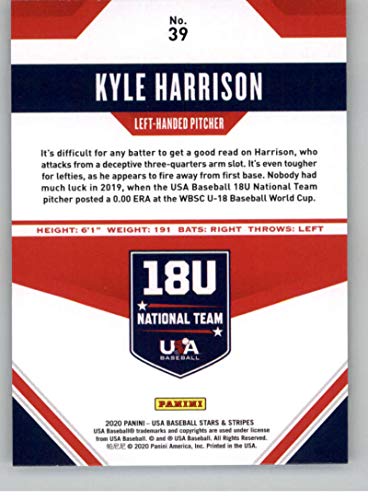 2020 Panini USA Stars and Stripes Retail Base #39 Kyle Harrison RC Rookie USA Baseball 18U National Team Baseball Trading Card