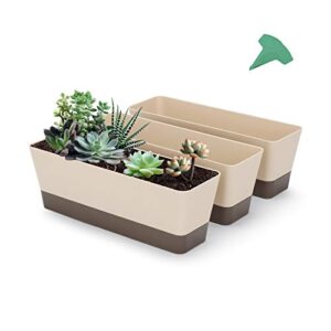 growneer 3 packs 12 inches window boxes rectangle planter with 15 pcs plant labels, plastic flower pots plant containers with saucer for windowsill garden balcony home office indoor outdoor (beige)
