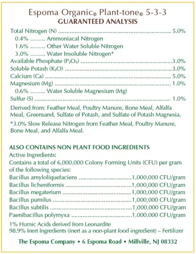Espoma Organic Plant-Tone 5-3-3 Natural & Organic All Purpose Plant Food; 4 lb. Bag; The Original Organic Fertilizer for All Flowers, Vegetables, Trees, and Shrubs. Pack of 2