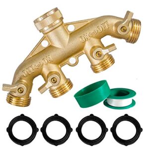 hourleey brass garden hose splitter (4 way), solid brass hose connector 3/4″, hose spigot adapter 4 valves with 4 extra rubber washers