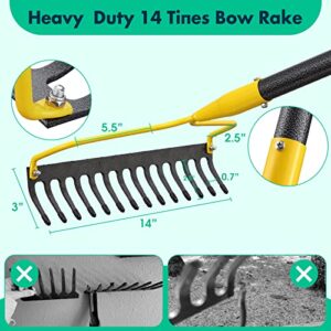 Garden Rake,72 Inch Long 14 Inch Wide Heavy Duty 14 Tines Metal Bow Rake for Lawn,Hard Landscape Cultivator Garden Rake with Adjustable Steel Handle for Loosening Soil Leveling Mulch Gathering Leaf