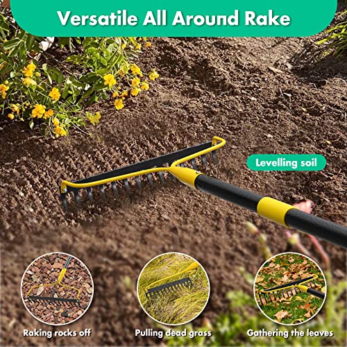 Garden Rake,72 Inch Long 14 Inch Wide Heavy Duty 14 Tines Metal Bow Rake for Lawn,Hard Landscape Cultivator Garden Rake with Adjustable Steel Handle for Loosening Soil Leveling Mulch Gathering Leaf