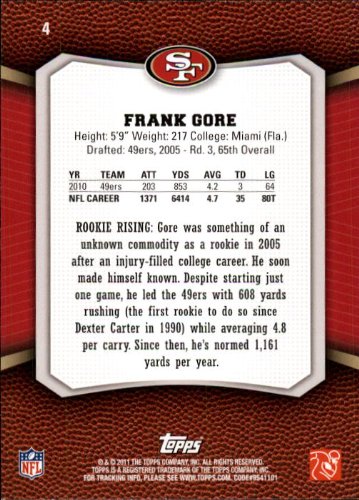 2011 Topps Rising Rookies #4 Frank Gore NFL Football Trading Card