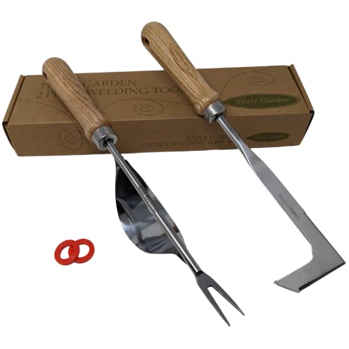 Weed Puller and Patio Paver Weeding Tool Set - Two Classic, Heavy Duty, Stainless Steel Weeding Tools with Beautiful Wooden Handles - by Truly Garden