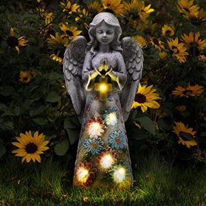 voveexy angel garden figurine outdoor garden statue, solar garden sculpture with 7 leds welcome sign resin praying angel art garden decor for patio lawn yard porch decoration, housewarming garden gift