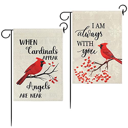 2 Pcs Cardinal Garden Flags Gifts Decor for Graves When Cardinal Appear Memorial Yard Flag I Am Always with You Cemetery Flag Bereavement Gift Outdoor Decoration, 12.5 x 18 Inch