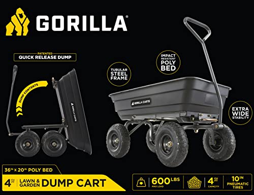 Gorilla Carts GOR4PS Poly Garden Dump Cart with Steel Frame and 10-in. Pneumatic Tires, 600-Pound Capacity, Black