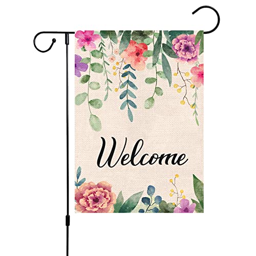 Louise Maelys Welcome Spring Summer Garden Flag 12x18 Double Sided, Burlap Small Vertical Spring Floral Flower Garden Yard Flags for Outside Outdoor House Seasonal Decoration (ONLY FLAG)