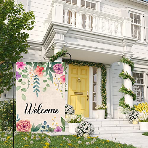 Louise Maelys Welcome Spring Summer Garden Flag 12x18 Double Sided, Burlap Small Vertical Spring Floral Flower Garden Yard Flags for Outside Outdoor House Seasonal Decoration (ONLY FLAG)