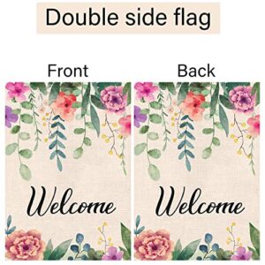 Louise Maelys Welcome Spring Summer Garden Flag 12x18 Double Sided, Burlap Small Vertical Spring Floral Flower Garden Yard Flags for Outside Outdoor House Seasonal Decoration (ONLY FLAG)