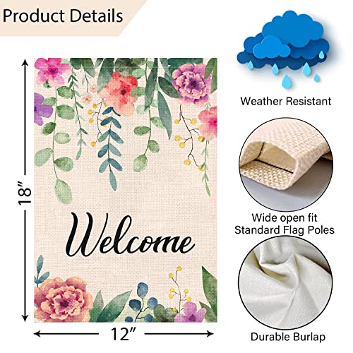 Louise Maelys Welcome Spring Summer Garden Flag 12x18 Double Sided, Burlap Small Vertical Spring Floral Flower Garden Yard Flags for Outside Outdoor House Seasonal Decoration (ONLY FLAG)