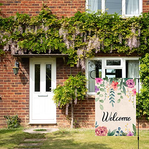 Louise Maelys Welcome Spring Summer Garden Flag 12x18 Double Sided, Burlap Small Vertical Spring Floral Flower Garden Yard Flags for Outside Outdoor House Seasonal Decoration (ONLY FLAG)