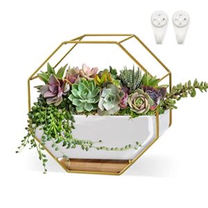 chiree succulent planters 7×3.5 inch decorative ceramic flower plant pots with metal holder hanging and place dual-purpose garden planter pot with drainage and saucer for indoor home office desktop