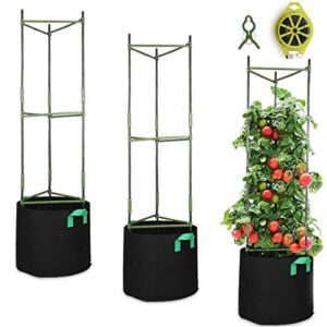 growneer 3 packs plant cages assembled tomato garden cages stakes vegetable trellis, with 3pcs 10 gallon grow bags, 9pcs clips and 328ft twist tie, for vertical climbing plants