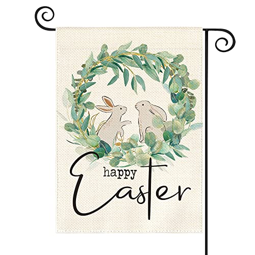 AVOIN colorlife Happy Easter Laurel Wreath Bunny Garden Flag 12x18 Inch Double Sided Outside, Easter Holiday Yard Outdoor Decoration