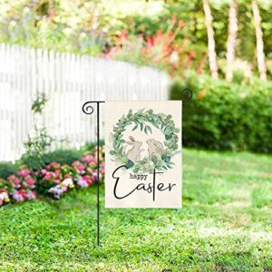 AVOIN colorlife Happy Easter Laurel Wreath Bunny Garden Flag 12x18 Inch Double Sided Outside, Easter Holiday Yard Outdoor Decoration