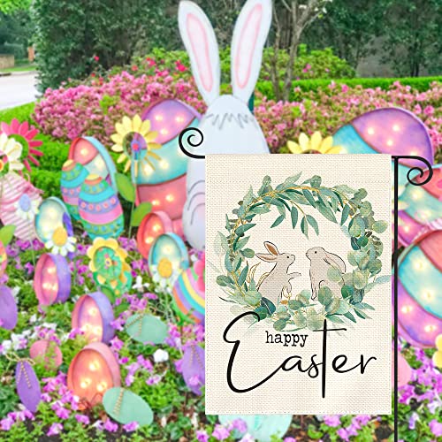 AVOIN colorlife Happy Easter Laurel Wreath Bunny Garden Flag 12x18 Inch Double Sided Outside, Easter Holiday Yard Outdoor Decoration