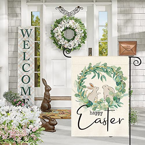 AVOIN colorlife Happy Easter Laurel Wreath Bunny Garden Flag 12x18 Inch Double Sided Outside, Easter Holiday Yard Outdoor Decoration